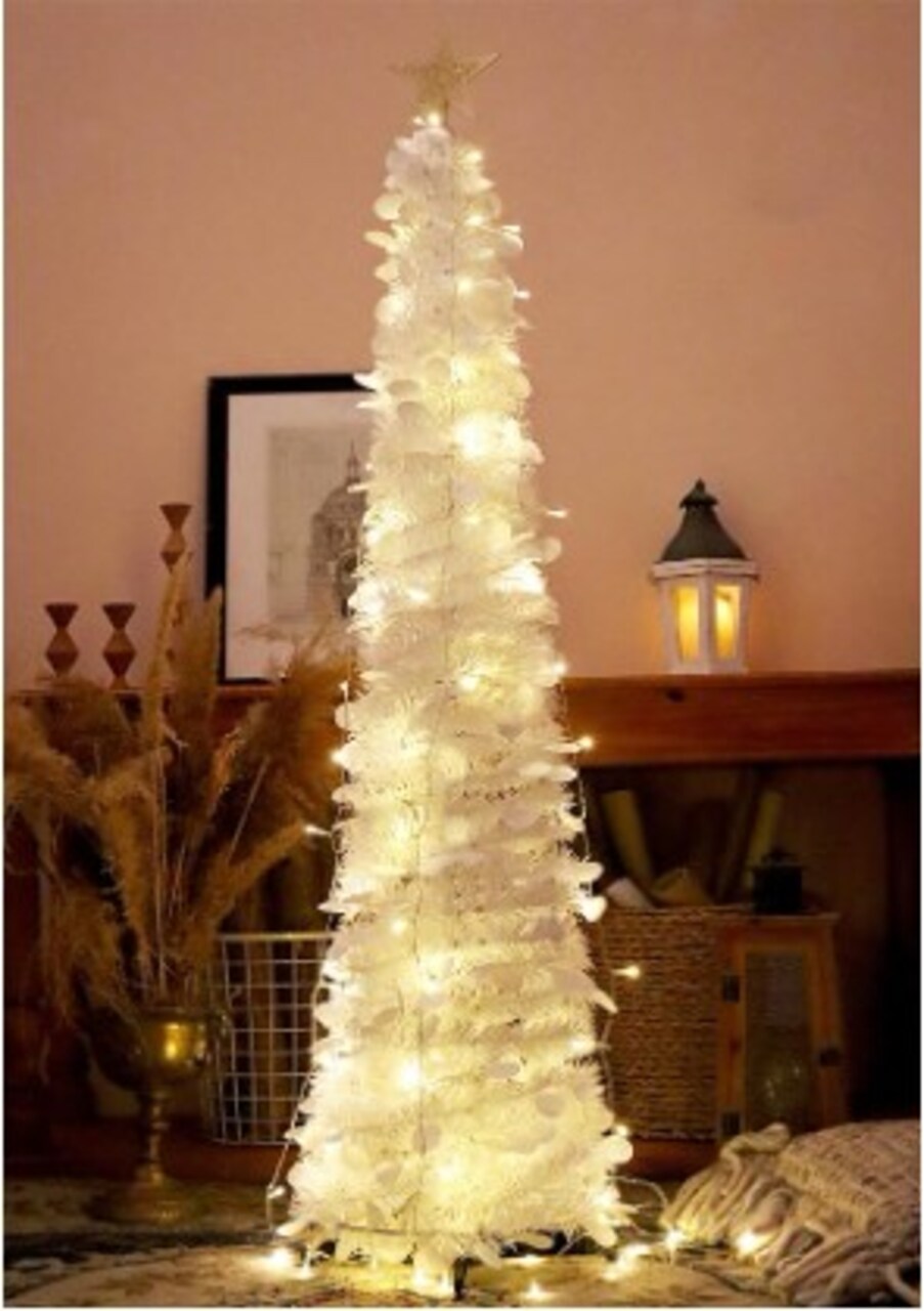 Collapsible Pop-Up White Round Sequin Artificial Christmas Pencil Trees - 5 Ft Tinsel Christmas Tree with 50 LED Warm White Lights Home Apartment Fireplace Party Xmas Decorations